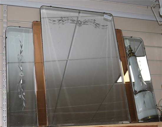 An Art Deco engraved peach and clear glass mirror